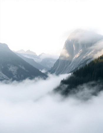 Mountain landscape with clouds and fog in the morning, Canadian Rockiesの写真素材