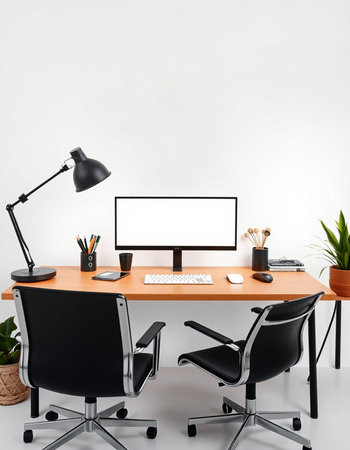 Modern workspace with computer, lamp and office supplies. 3D Rendering