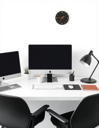 workplace with computer, coffee cup and clock on white wall background