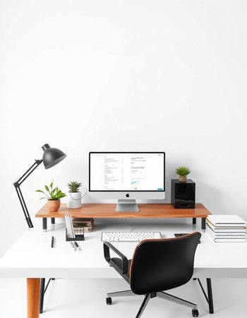 workplace with computer, lamp, books and plant. 3d rendering