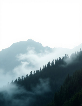 Mountain landscape with coniferous forest and fog in the morning