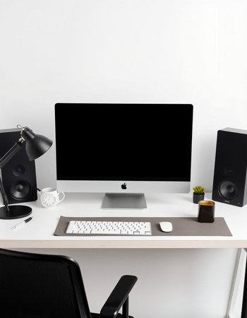 Modern workspace with blank computer screen, keyboard, mouse, coffee cup, speaker and other objects....