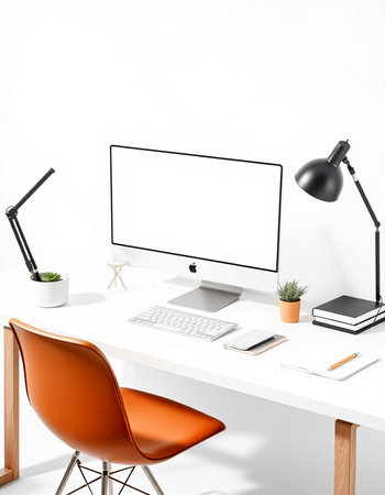 Modern workplace with computer, supplies and lamp. Mock up, 3D Rendering