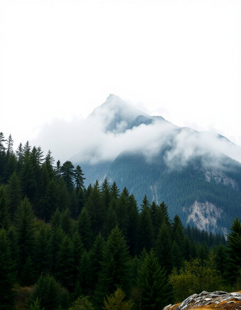 Beautiful mountain landscape with fog and coniferous forest on slope