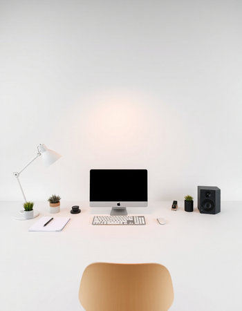 Minimalist workspace with computer and stationery on table. 3d renderingの写真素材