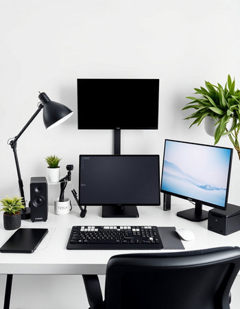 modern workplace with computer, mouse, keyboard, monitor and other stuff