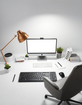 workplace with computer, lamp and other objects. 3d rendering