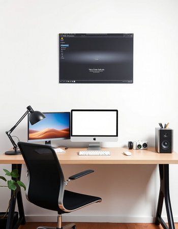 Designer desktop with computer and other equipment. 3D rendering.