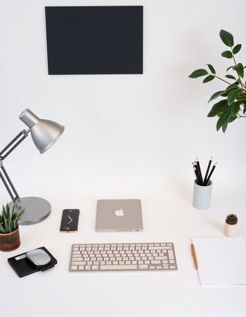 Minimalistic workspace with computer keyboard, notebook, stationery and plantの写真素材
