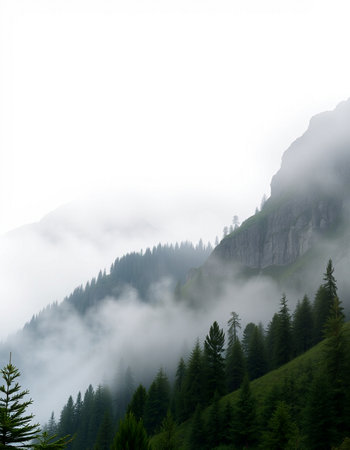 Foggy mountains landscape with coniferous forest and high peaks