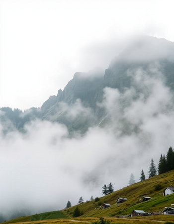 Mountain landscape with fog and cloudsの写真素材