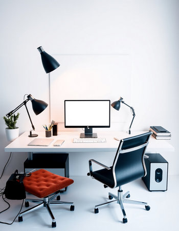 Minimalistic designer workspace with computer, keyboard, lamp and other items. Mock upの写真素材