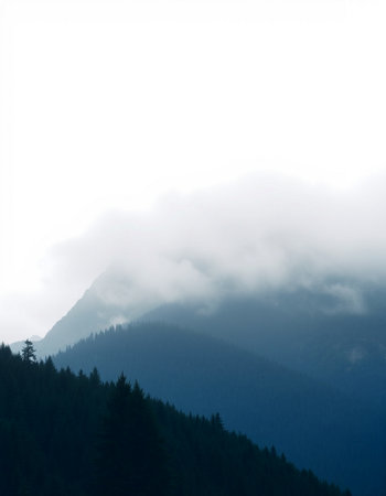 Mountain landscape with fog and clouds in the morning. Shallow depth of field.