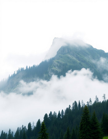 Mountain landscape with fog and coniferous forest in the foreground