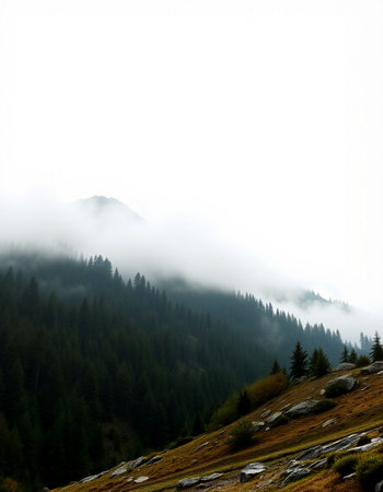 Foggy mountain landscape in the Carpathian Mountains, Ukraineの写真素材