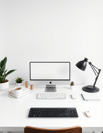 workplace with computer, keyboard, lamp, coffee cup and plant