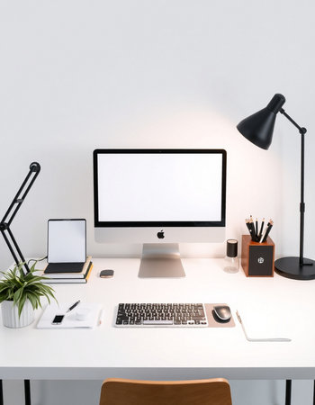 Modern workspace with blank screen computer monitor, stationery and other items. 3D Rendering