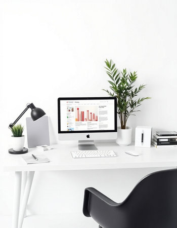 workplace with computer, lamp and plant in front of white wall