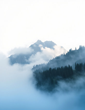 Foggy mountain landscape with coniferous forest on the foreground