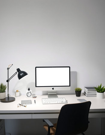 workplace with blank screen computer, lamp and stationery on tableの写真素材