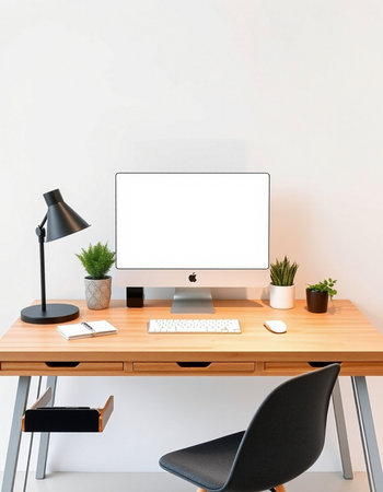 workplace with computer, lamp and plant on wooden table in office