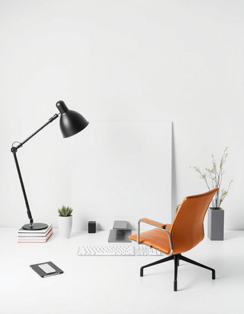 Office interior with orange armchair and computer. Workplace concept. 3D Renderingの写真素材