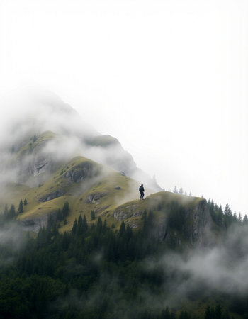 Man standing on top of a mountain with fog in the background.
