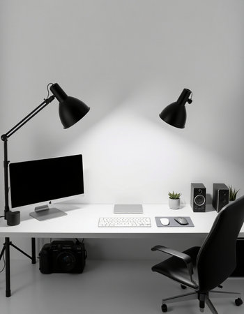 Interior of modern office with white walls, concrete floor, white computer table with black chairs...