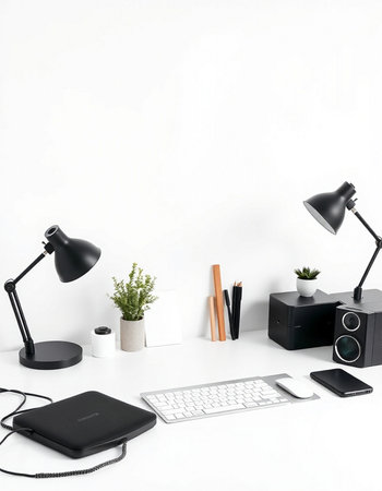 Minimalistic workspace with laptop, camera, coffee cup and other items. Mock up