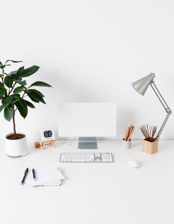 Minimal workspace with computer, keyboard and stationery on white background.