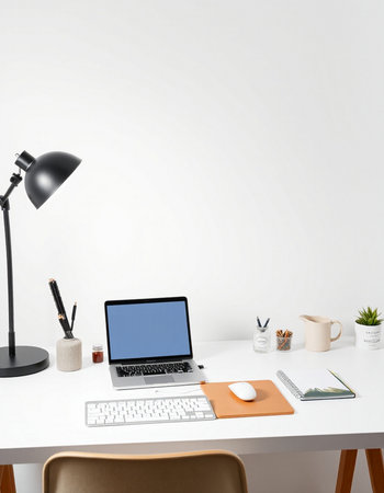 workplace with laptop, lamp and stationery, 3d render