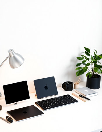Modern workspace with laptop, tablet, smartphone, coffee cup and other items. Mock up