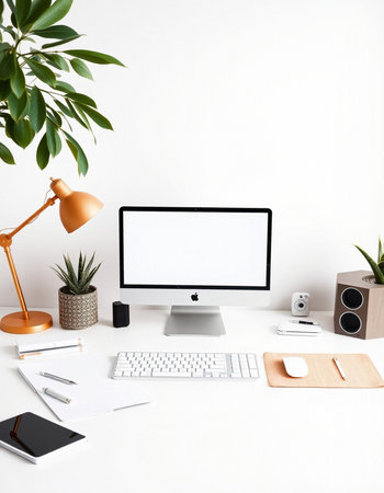 Modern workspace with blank computer monitor, stationery and decorations. 3D Renderingの写真素材