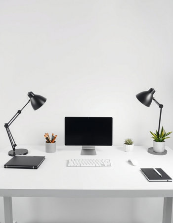Modern workplace with blank computer monitor, lamp and other items. Mock up, 3D Rendering