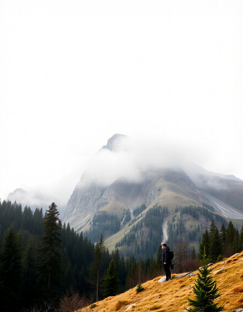 Hiker on the top of a mountain with fog in the background