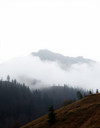Mountain landscape with fog in the morning. Carpathian, Ukraineの写真素材