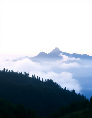 Mountains in the fog at sunrise, Carpathians, Ukraineの写真素材