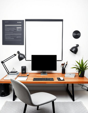 Modern workspace with computer, stationery and blank screen. Mock up, 3D Rendering