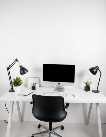 workplace with computer, lamp and stationery on table in office