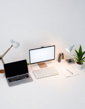 Top view of modern workspace with laptop, coffee cup, stationery and decorations on white background
