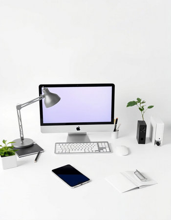 3D illustration PC screen mockup on table, Workspace background