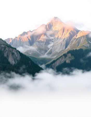 Mountain landscape with clouds and fog in the morning.