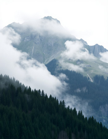 Mountain landscape with fog and clouds in the Alps, Switzerland.