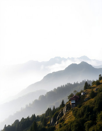 Mountain landscape in the fog. View from the top of the mountain.