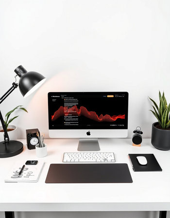 Modern desktop with computer, mobile phone and stationery. 3d rendering.