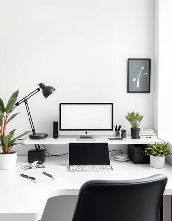 workplace with computer, lamp, stationery and plant in modern office