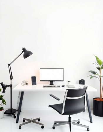 Workplace with computer, lamp and plant on white table. Workplace concept