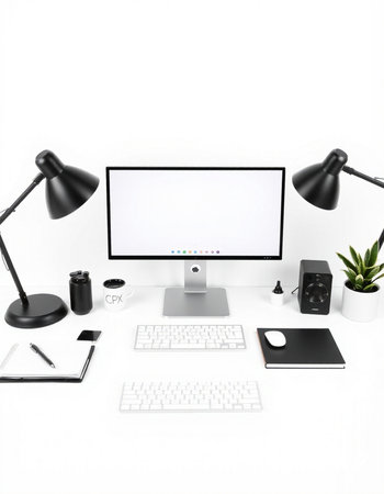 Modern workspace with computer, keyboard, mouse, coffee cup, tablet and other objects. 3D Renderingの写真素材