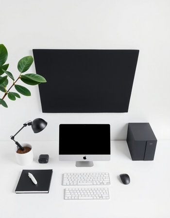 Modern workplace with computer, keyboard and mouse on white background. Flat lay, top view