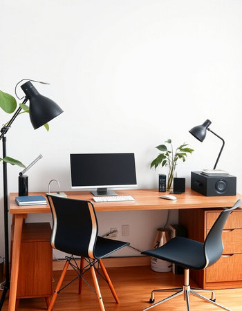 Workplace with computer, lamp and plants in modern office. 3d render